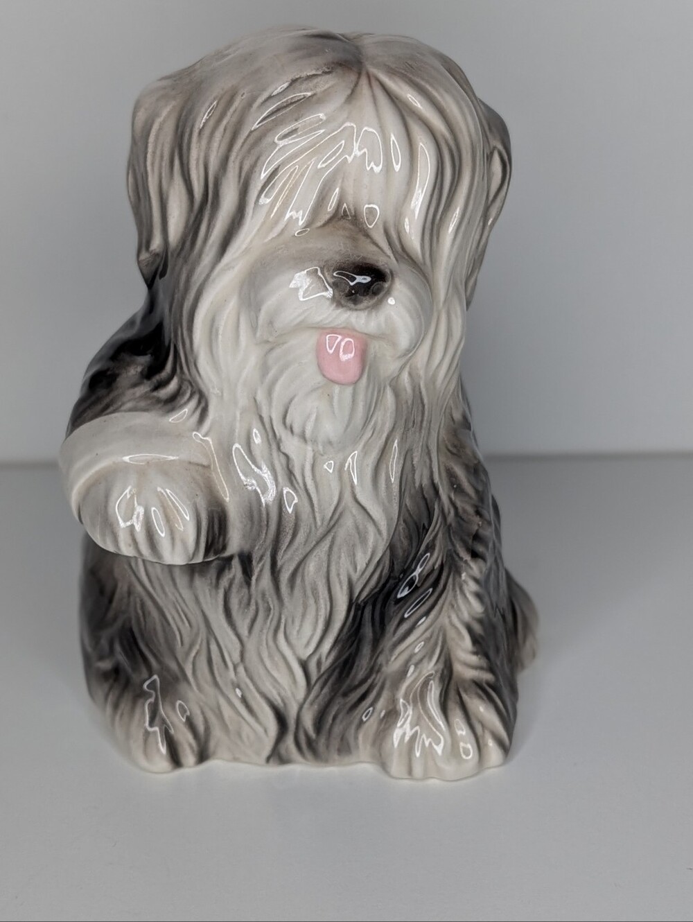 Ceramic Dog Sheep Dog Figurine Tongue Out Paw Up Adorable